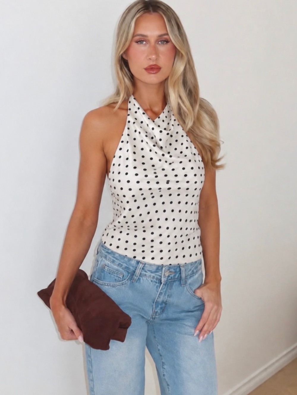 Lucy in the Sky Polka Dot Satin Halter Neck Top in Cream and Black
